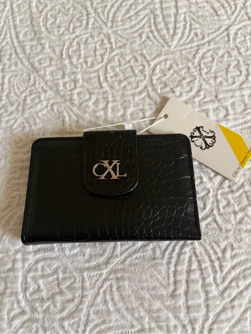 NWT CXL by Christian Lacroix Forestis Croco Bi-Fold Wallet Black